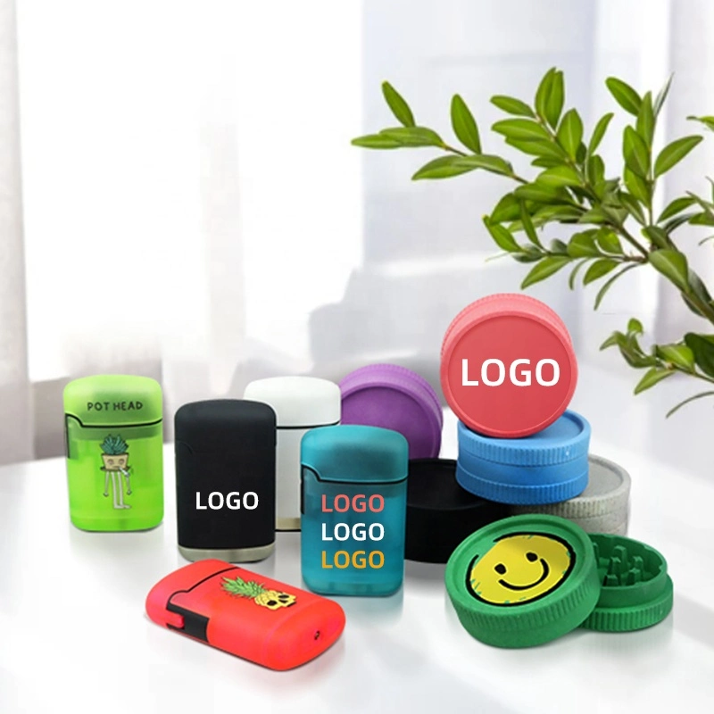 2 Layers Biodegradable Custom Logo Plastic Herb Grinder with Glowing Lighter Smoking Accessories Set